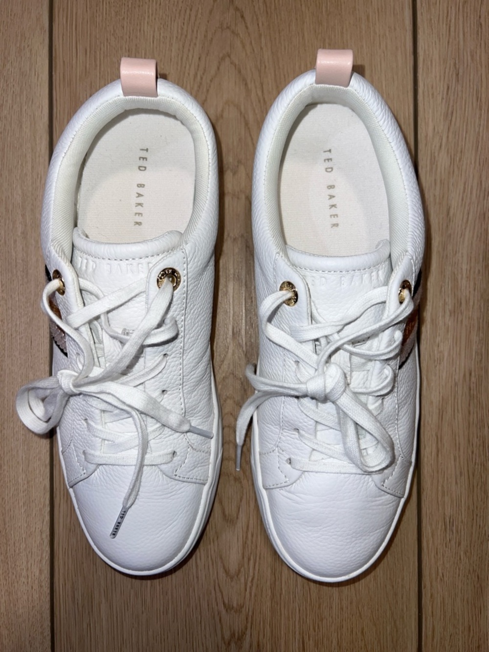 Ted Baker White Leather Sneakers with Blush Heel Tab - Picture 2 of 16